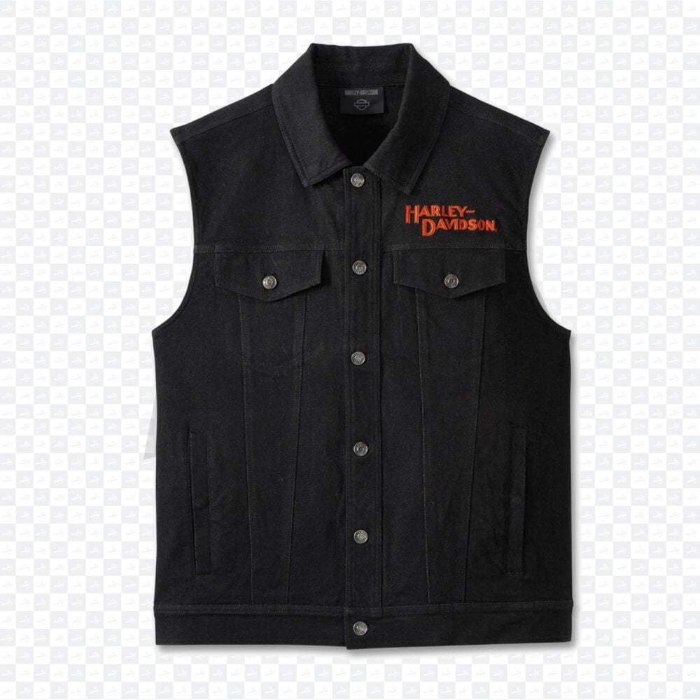 Harley-Davidson Men’s Whiplash Black Denim Vest with Direct Embroidery Motorcycle Leather Jacket MotoGP Gears