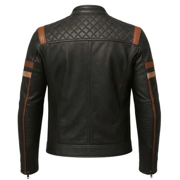 Men’s Black Leather Motorcycle Racing Jacket – Café Racer Style – CE Armor – view 2