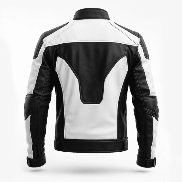 Men’s Black & White Leather Motorcycle Racing Jacket – CE Level-2 Approved – view 2