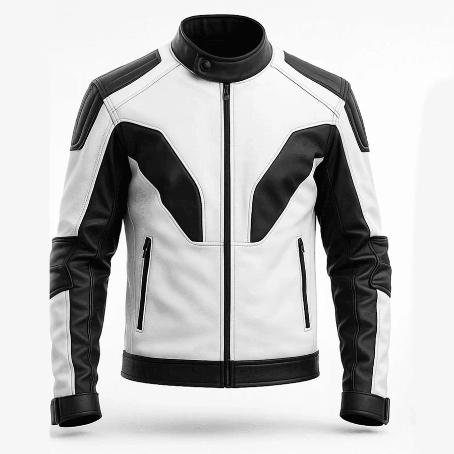 Men’s Black & White Leather Jacket – Biker Streetwear Coat. Men’s Black & White Leather Jacket – Biker Streetwear Coat.