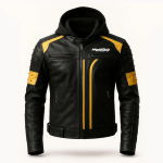 Men’s Black & Yellow Black Leather Jacket with Removable Hood – Handmade Biker Style