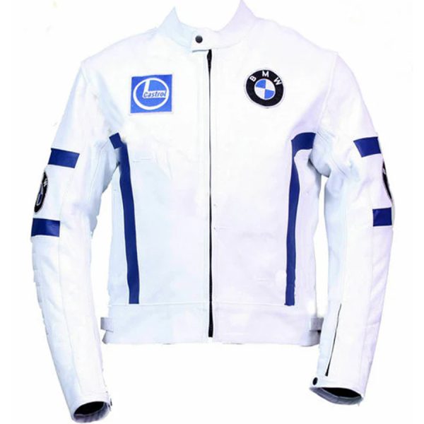 White Cowhide Leather Motorcycle Racing Jacket – Cordura Stretch Panels – Street Touring